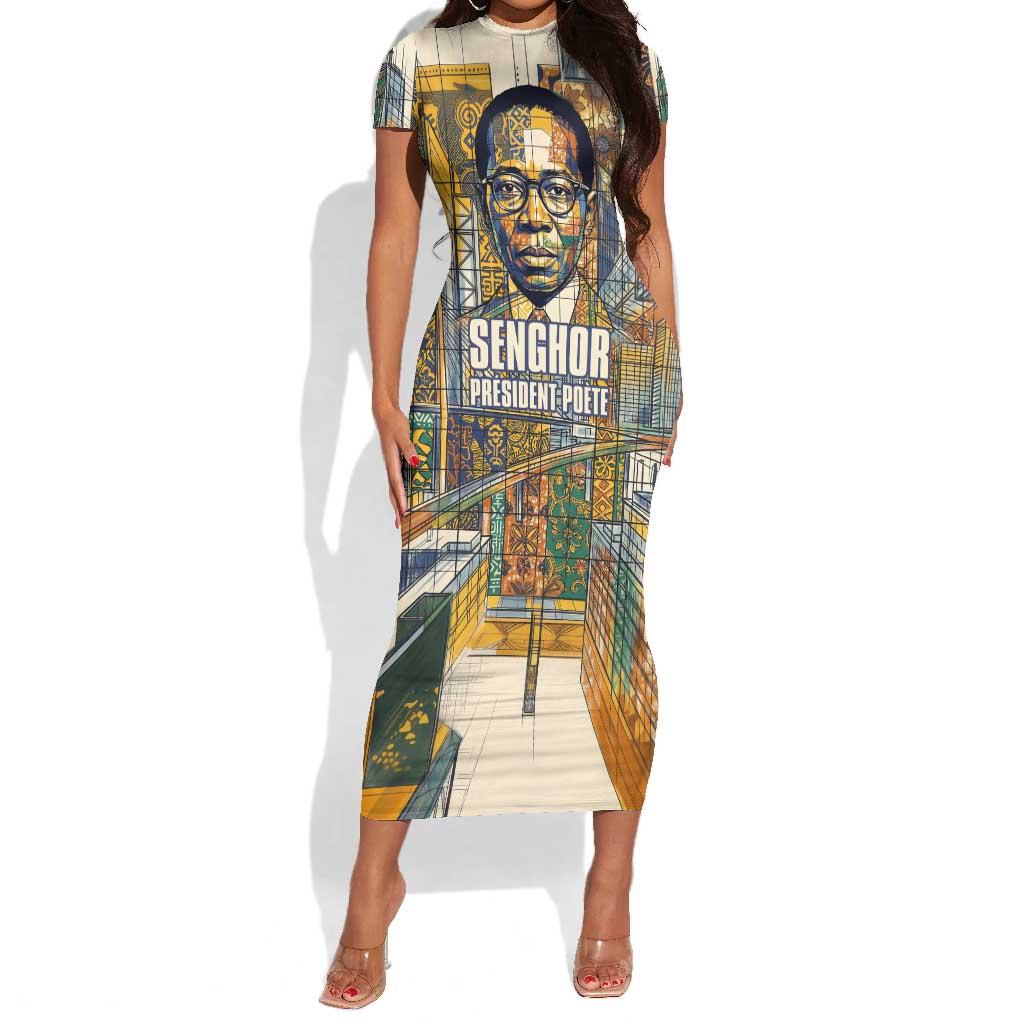 Léopold Sédar Senghor Short Sleeve Bodycon Dress President Poete Portrait Futuristic African Robotic Handshake Earth and Flowers Unity - African Pride