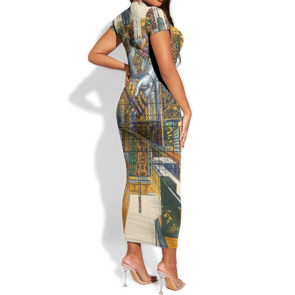Léopold Sédar Senghor Short Sleeve Bodycon Dress President Poete Portrait Futuristic African Robotic Handshake Earth and Flowers Unity - African Pride