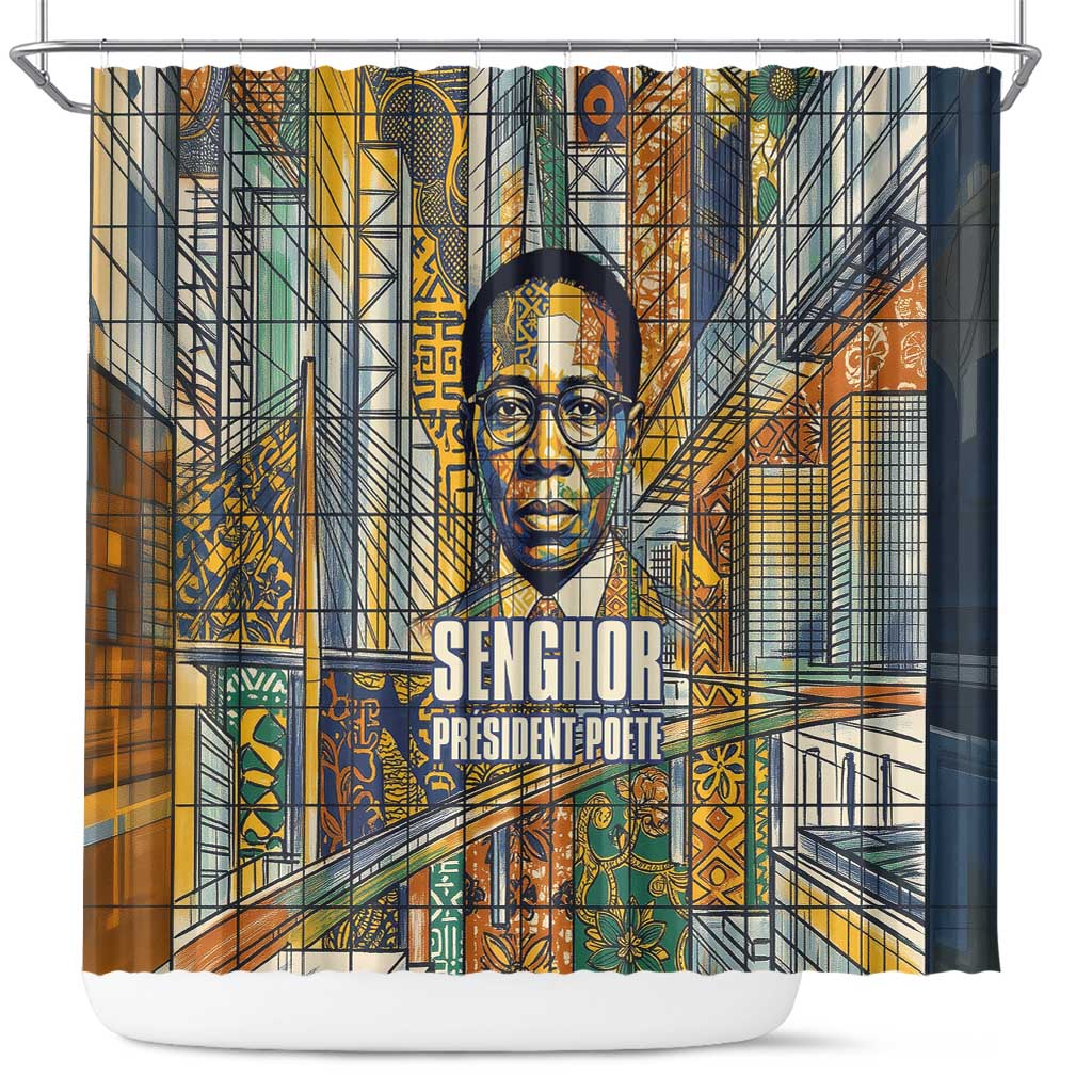 Léopold Sédar Senghor Shower Curtain President Poete Portrait Futuristic African Robotic Handshake Earth and Flowers Unity - African Pride