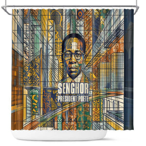 Léopold Sédar Senghor Shower Curtain President Poete Portrait Futuristic African Robotic Handshake Earth and Flowers Unity - African Pride