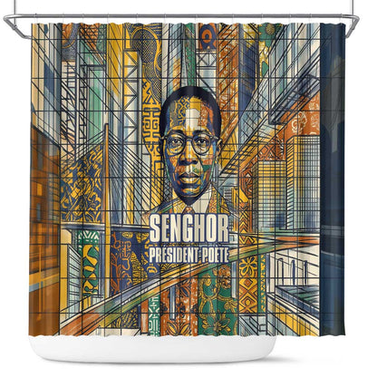 Léopold Sédar Senghor Shower Curtain President Poete Portrait Futuristic African Robotic Handshake Earth and Flowers Unity - African Pride
