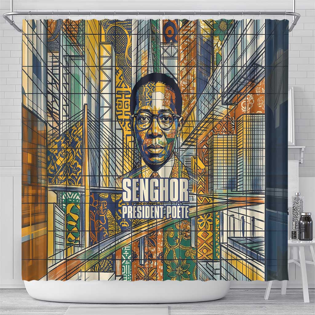Léopold Sédar Senghor Shower Curtain President Poete Portrait Futuristic African Robotic Handshake Earth and Flowers Unity - African Pride