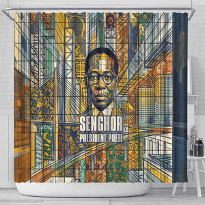Léopold Sédar Senghor Shower Curtain President Poete Portrait Futuristic African Robotic Handshake Earth and Flowers Unity - African Pride