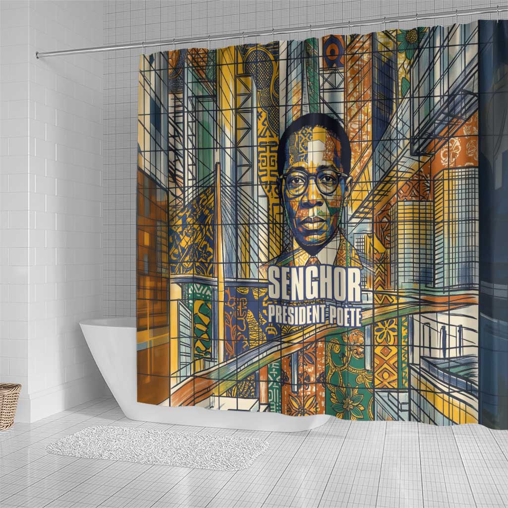 Léopold Sédar Senghor Shower Curtain President Poete Portrait Futuristic African Robotic Handshake Earth and Flowers Unity - African Pride