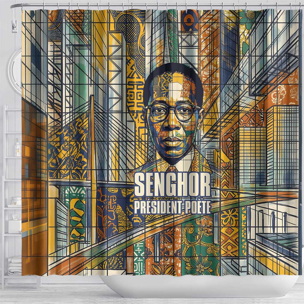 Léopold Sédar Senghor Shower Curtain President Poete Portrait Futuristic African Robotic Handshake Earth and Flowers Unity - African Pride
