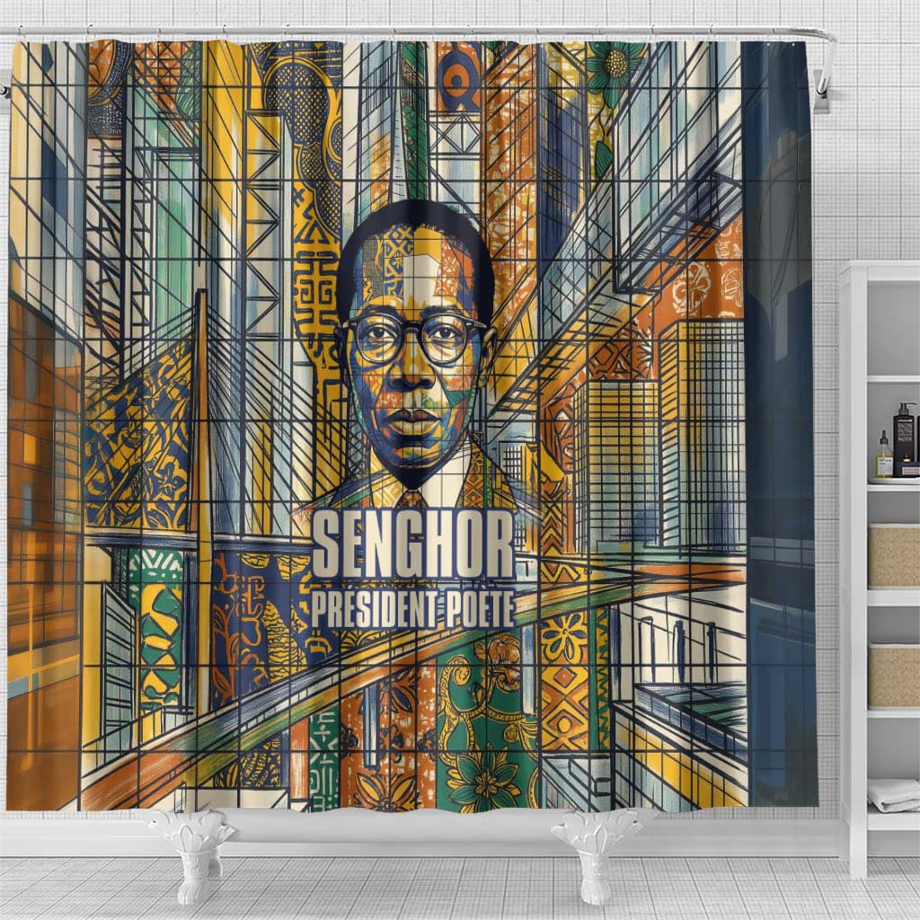 Léopold Sédar Senghor Shower Curtain President Poete Portrait Futuristic African Robotic Handshake Earth and Flowers Unity - African Pride