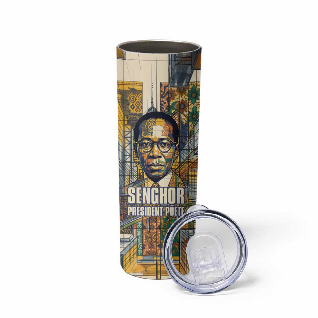 Léopold Sédar Senghor Skinny Tumbler President Poete Portrait Futuristic African Robotic Handshake Earth and Flowers Unity - African Pride