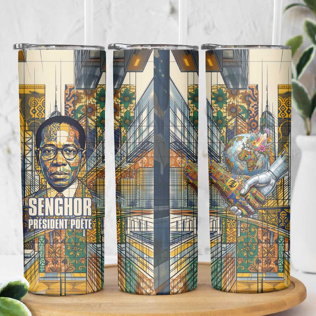 Léopold Sédar Senghor Skinny Tumbler President Poete Portrait Futuristic African Robotic Handshake Earth and Flowers Unity - African Pride