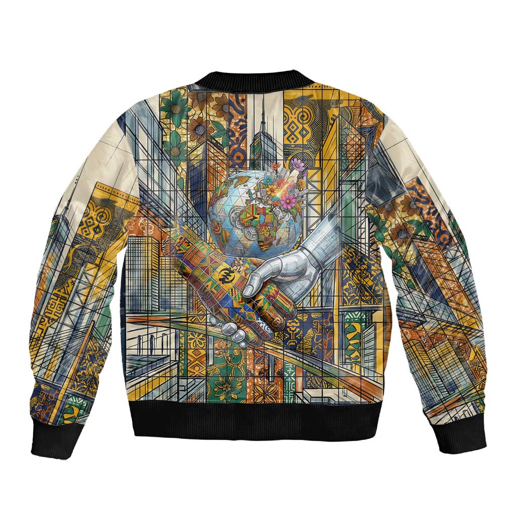 Léopold Sédar Senghor Sleeve Zip Bomber Jacket President Poete Portrait Futuristic African Robotic Handshake Earth and Flowers Unity - African Pride