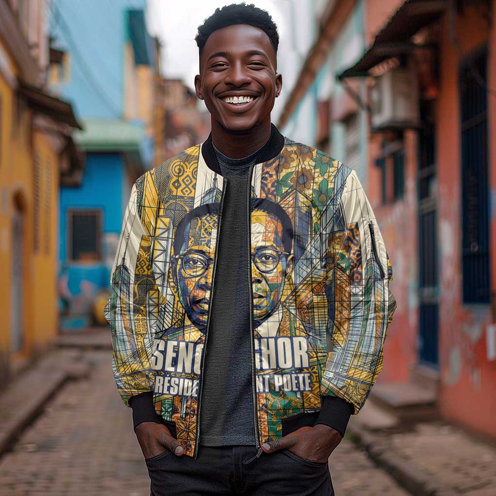 Léopold Sédar Senghor Sleeve Zip Bomber Jacket President Poete Portrait Futuristic African Robotic Handshake Earth and Flowers Unity - African Pride