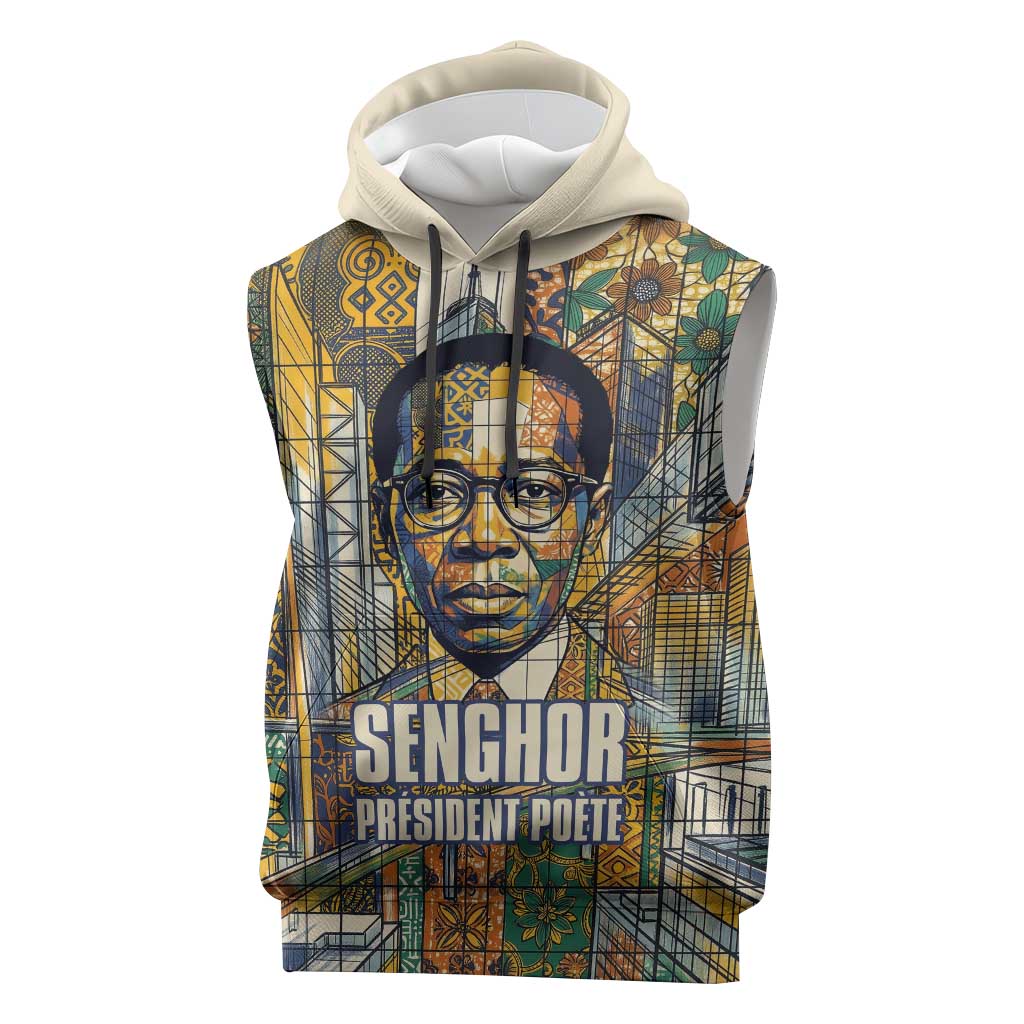 Léopold Sédar Senghor Sleeveless Hoodie President Poete Portrait Futuristic African Robotic Handshake Earth and Flowers Unity - African Pride