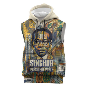 Léopold Sédar Senghor Sleeveless Hoodie President Poete Portrait Futuristic African Robotic Handshake Earth and Flowers Unity - African Pride