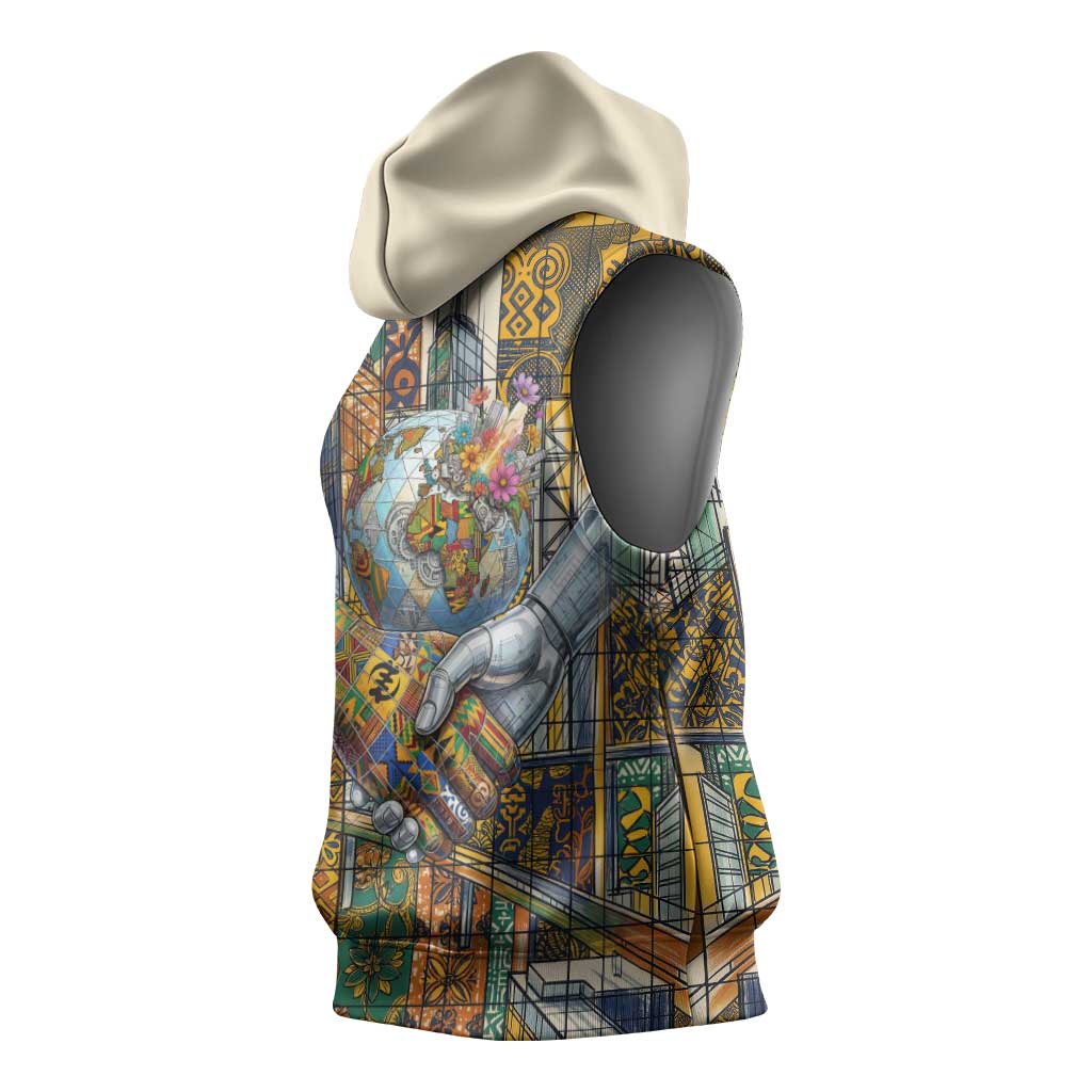 Léopold Sédar Senghor Sleeveless Hoodie President Poete Portrait Futuristic African Robotic Handshake Earth and Flowers Unity - African Pride