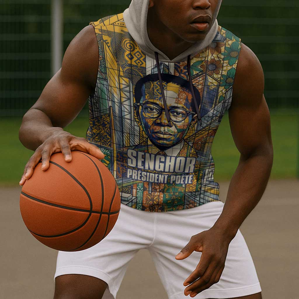 Léopold Sédar Senghor Sleeveless Hoodie President Poete Portrait Futuristic African Robotic Handshake Earth and Flowers Unity - African Pride