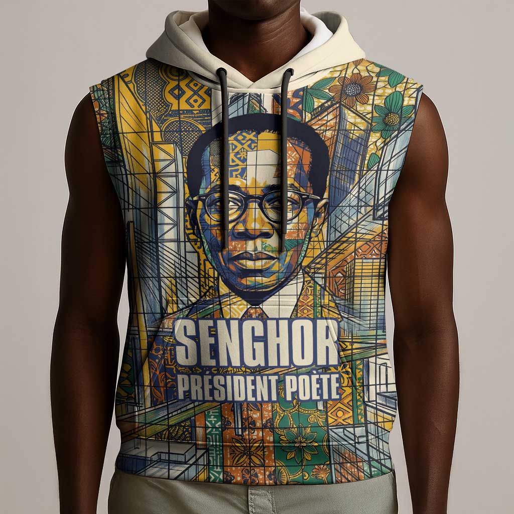 Léopold Sédar Senghor Sleeveless Hoodie President Poete Portrait Futuristic African Robotic Handshake Earth and Flowers Unity - African Pride