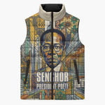 Léopold Sédar Senghor Sleeveless Puffer Jacket President Poete Portrait Futuristic African Robotic Handshake Earth and Flowers Unity - African Pride