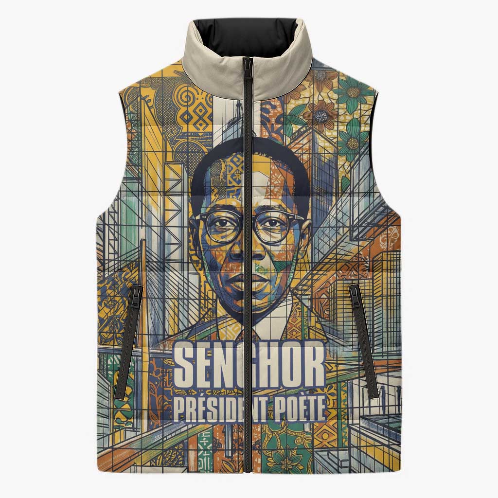 Léopold Sédar Senghor Sleeveless Puffer Jacket President Poete Portrait Futuristic African Robotic Handshake Earth and Flowers Unity - African Pride