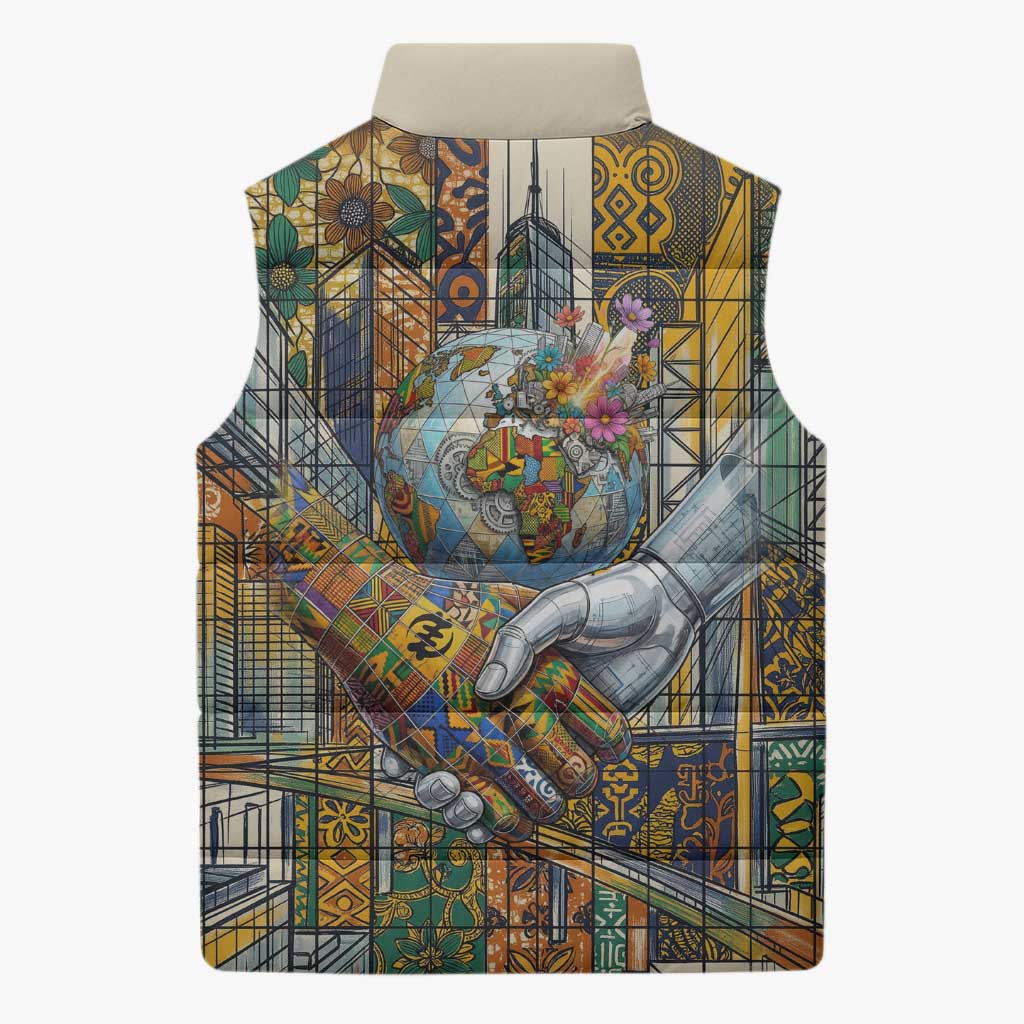 Léopold Sédar Senghor Sleeveless Puffer Jacket President Poete Portrait Futuristic African Robotic Handshake Earth and Flowers Unity - African Pride