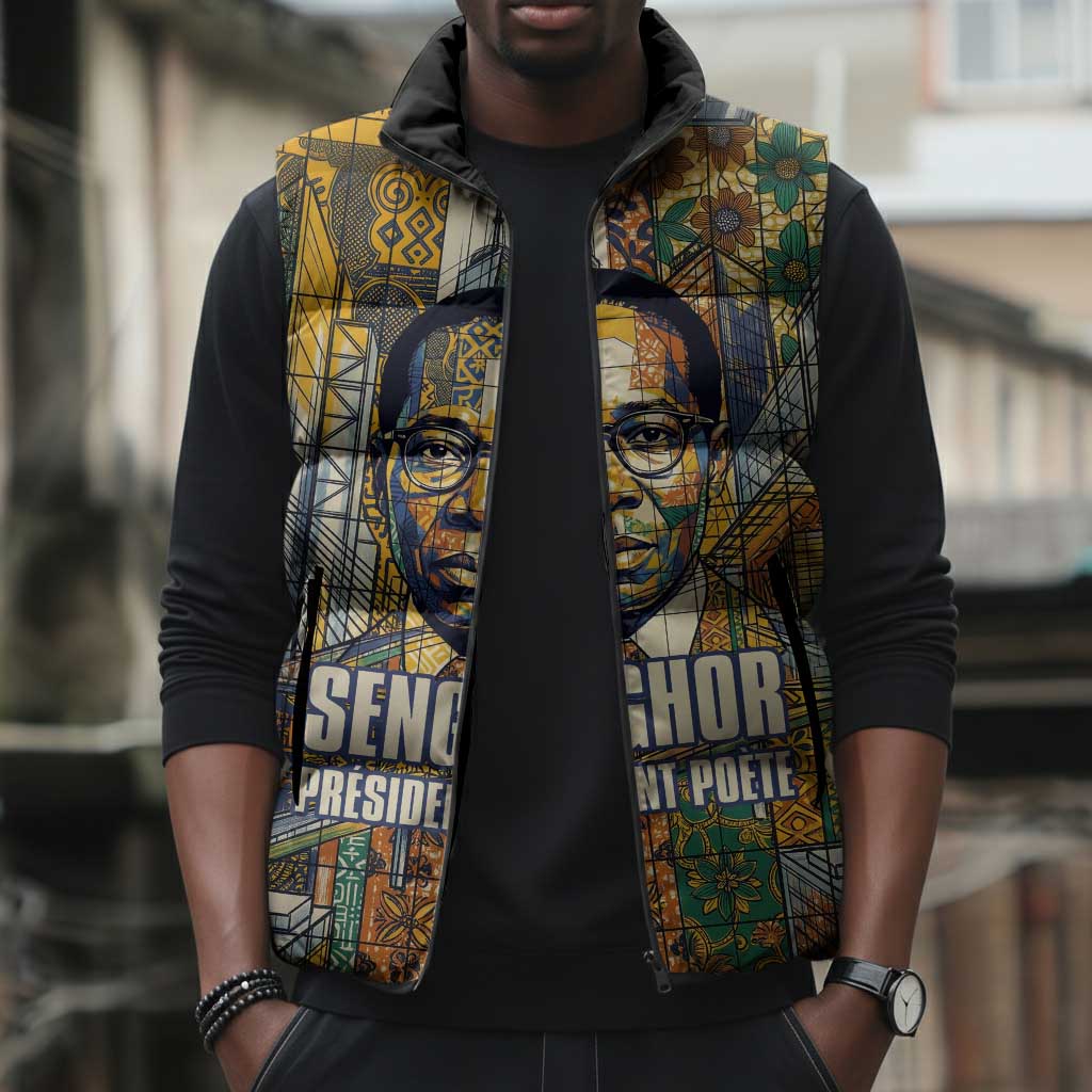 Léopold Sédar Senghor Sleeveless Puffer Jacket President Poete Portrait Futuristic African Robotic Handshake Earth and Flowers Unity - African Pride