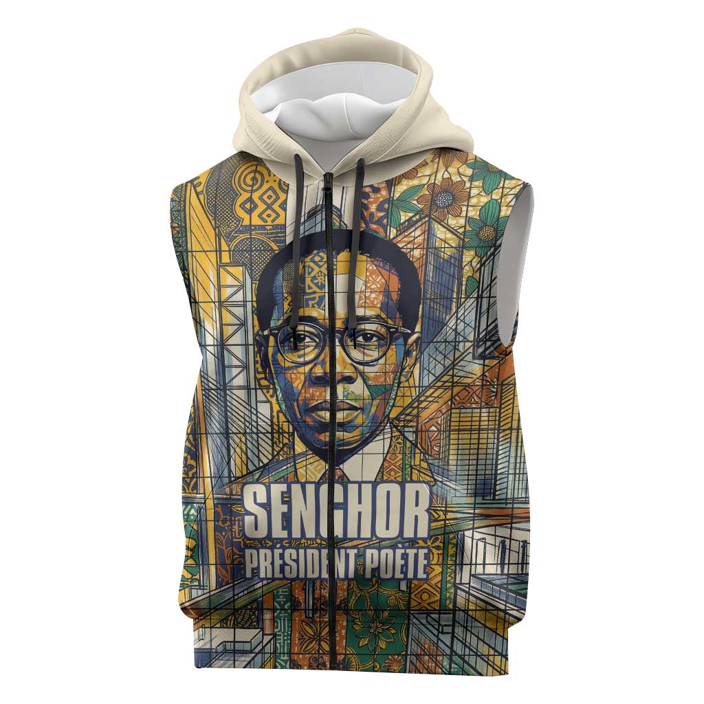 Léopold Sédar Senghor Sleeveless Zip Hoodie President Poete Portrait Futuristic African Robotic Handshake Earth and Flowers Unity - African Pride