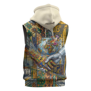 Léopold Sédar Senghor Sleeveless Zip Hoodie President Poete Portrait Futuristic African Robotic Handshake Earth and Flowers Unity - African Pride