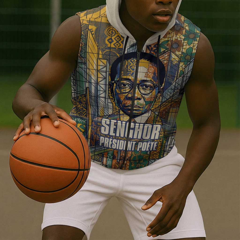 Léopold Sédar Senghor Sleeveless Zip Hoodie President Poete Portrait Futuristic African Robotic Handshake Earth and Flowers Unity - African Pride