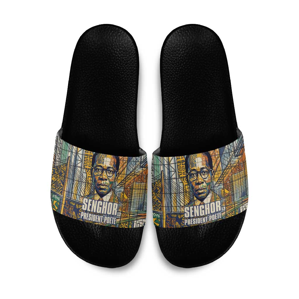 Léopold Sédar Senghor Slide Sandals President Poete Portrait Futuristic African Robotic Handshake Earth and Flowers Unity - African Pride