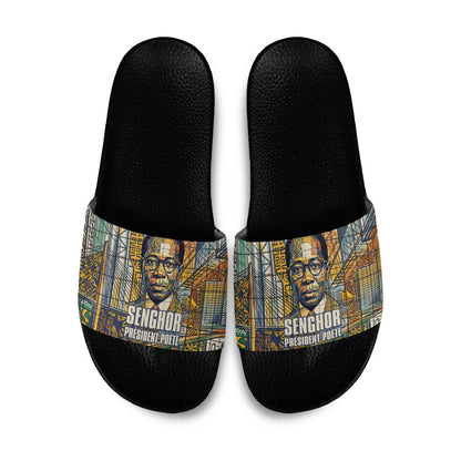 Léopold Sédar Senghor Slide Sandals President Poete Portrait Futuristic African Robotic Handshake Earth and Flowers Unity - African Pride