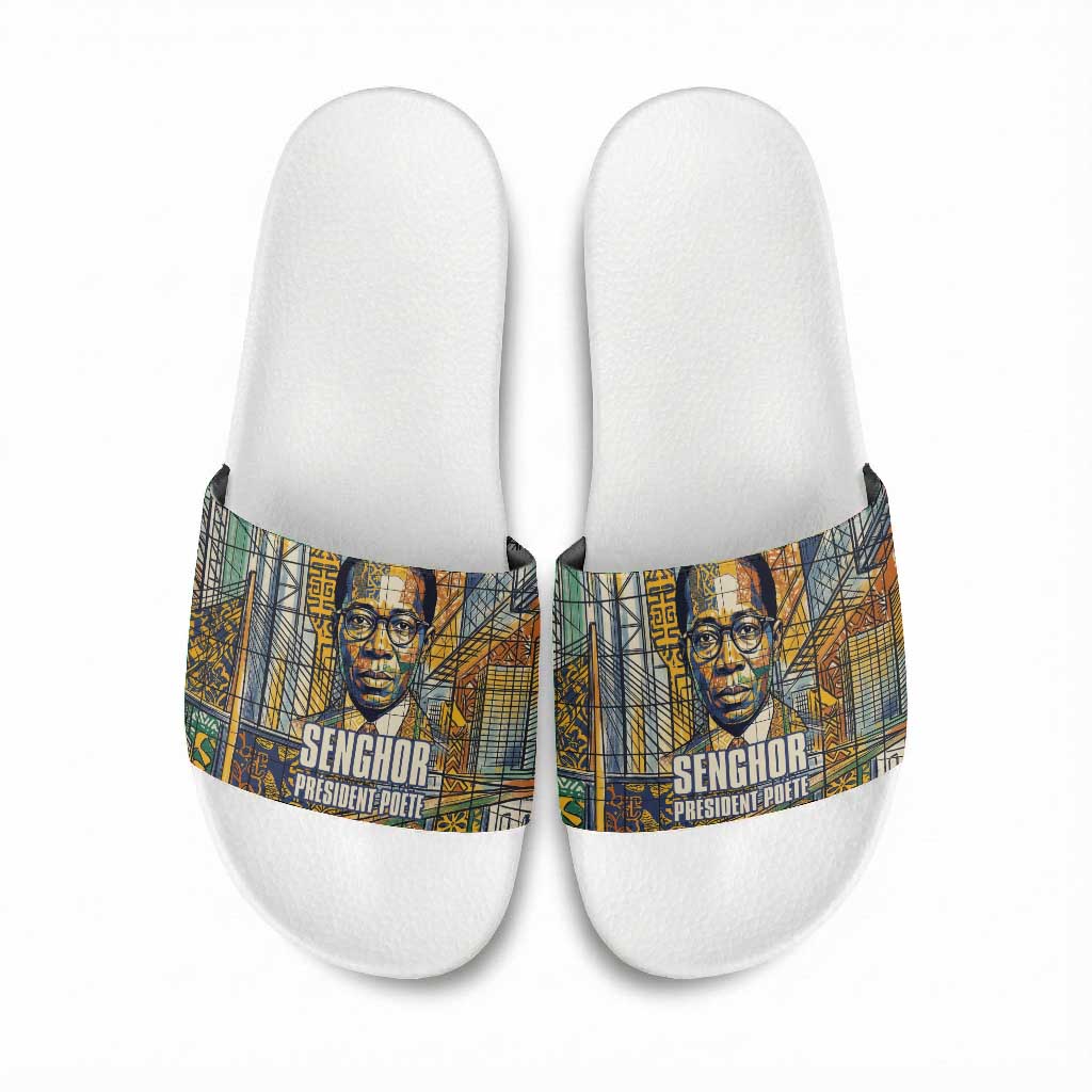 Léopold Sédar Senghor Slide Sandals President Poete Portrait Futuristic African Robotic Handshake Earth and Flowers Unity - African Pride