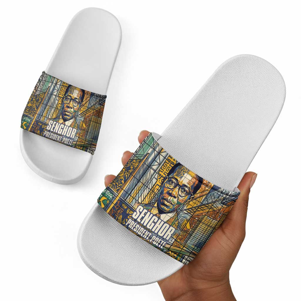 Léopold Sédar Senghor Slide Sandals President Poete Portrait Futuristic African Robotic Handshake Earth and Flowers Unity - African Pride