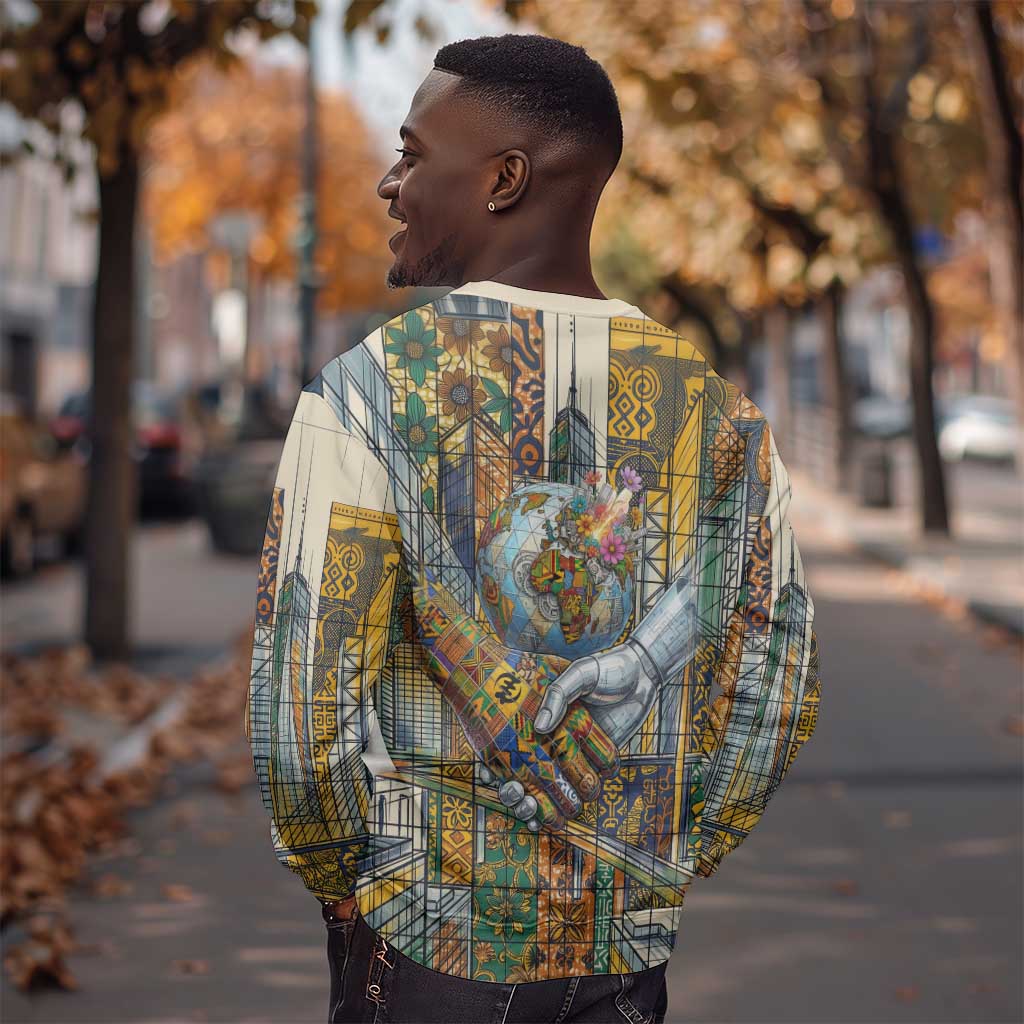 Léopold Sédar Senghor Sweatshirt President Poete Portrait Futuristic African Robotic Handshake Earth and Flowers Unity - African Pride
