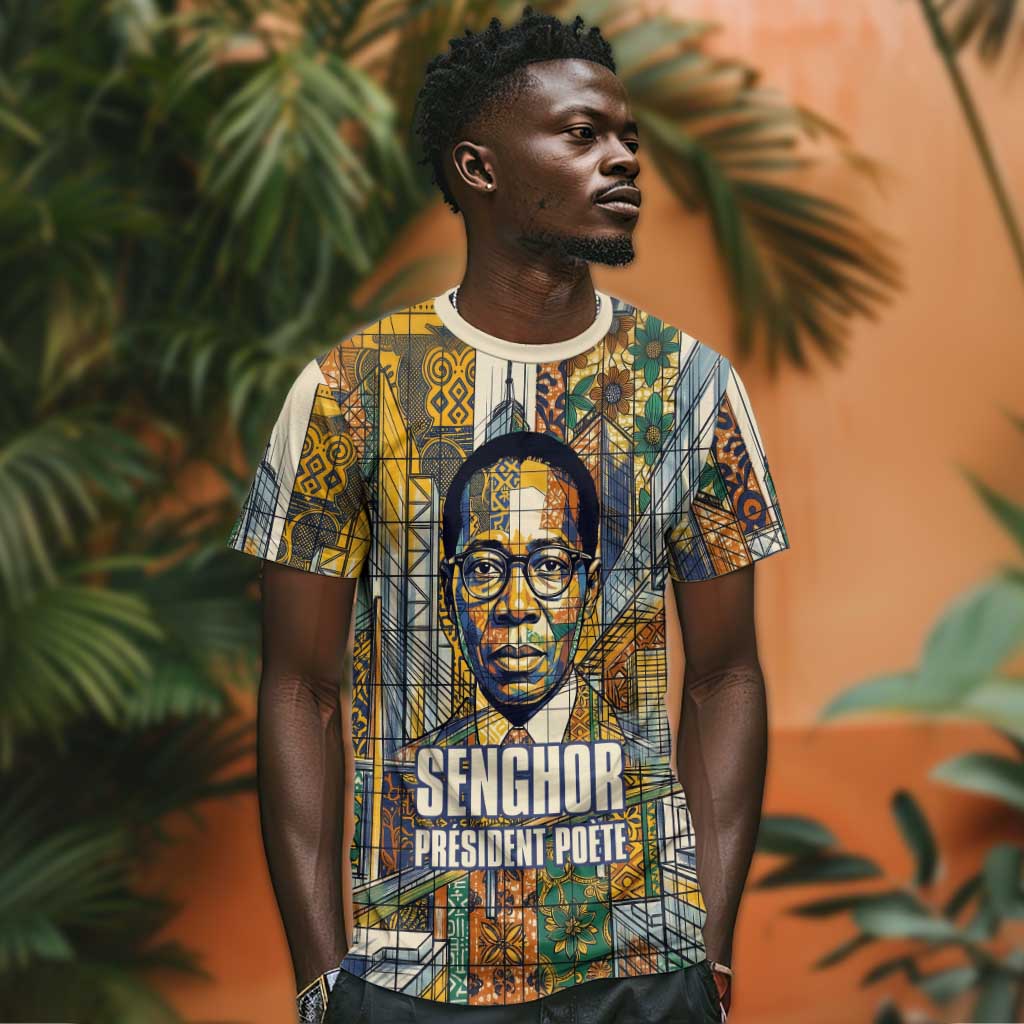 Léopold Sédar Senghor T shirt President Poete Portrait Futuristic African Robotic Handshake Earth and Flowers Unity - African Pride