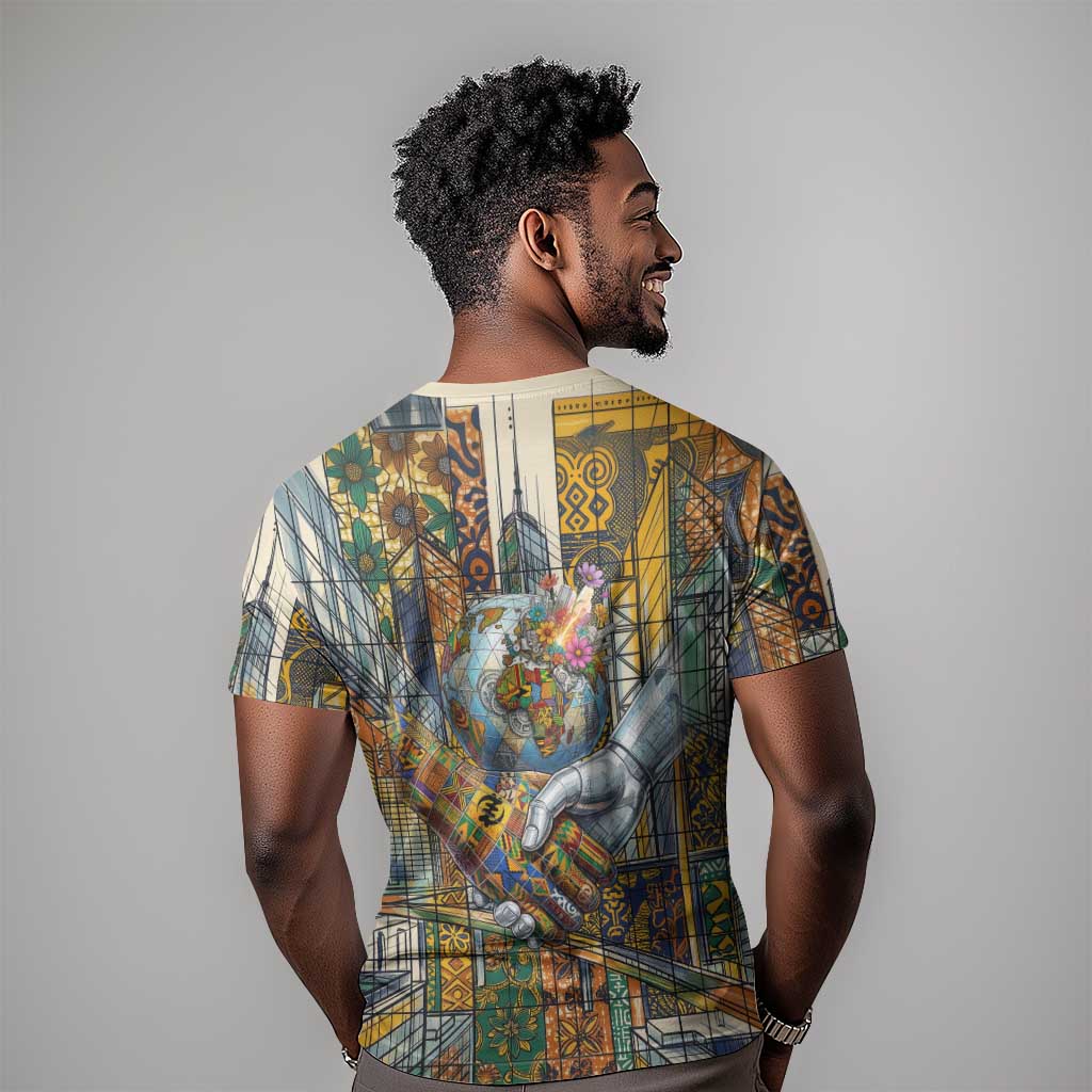 Léopold Sédar Senghor T shirt President Poete Portrait Futuristic African Robotic Handshake Earth and Flowers Unity - African Pride