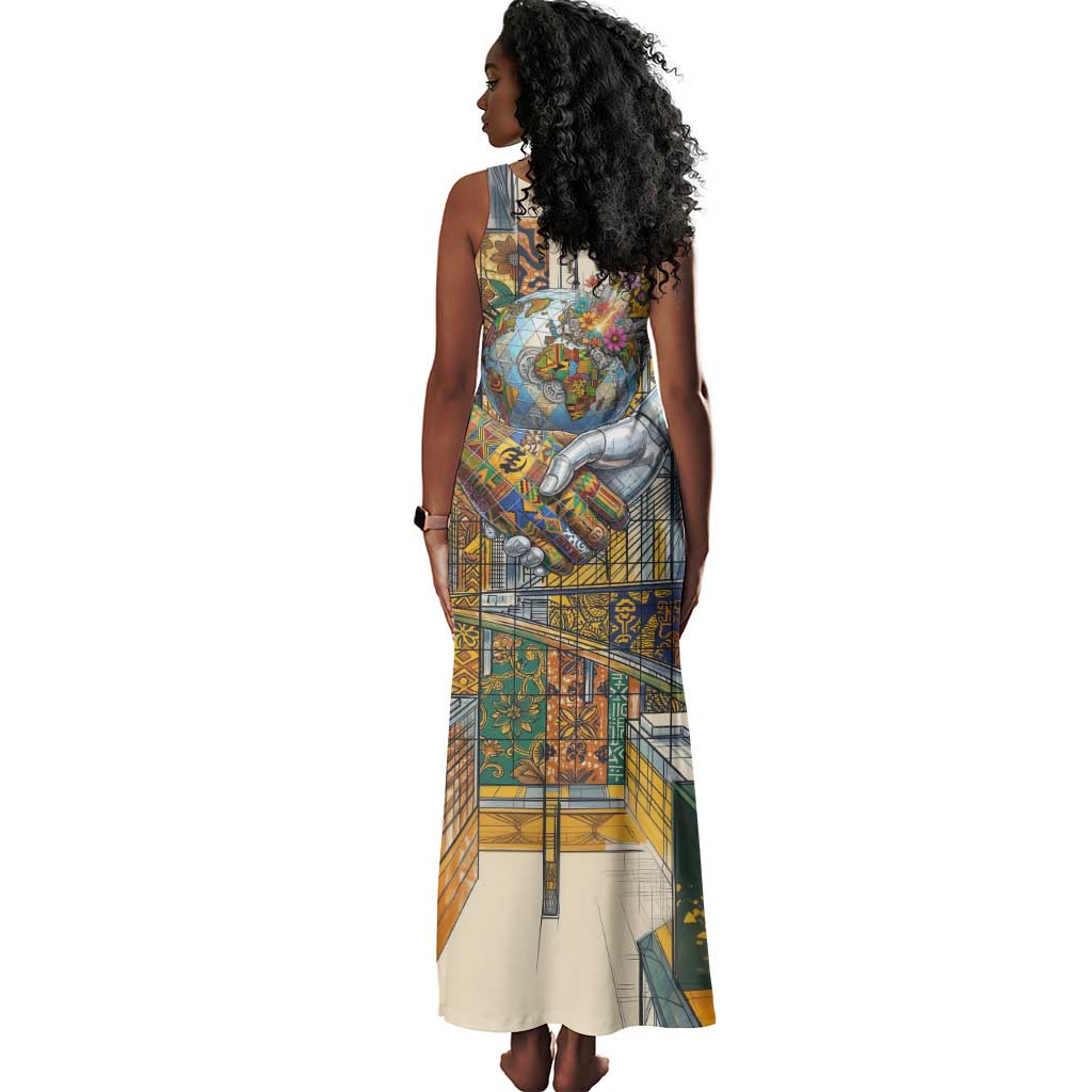 Léopold Sédar Senghor Tank Maxi Dress President Poete Portrait Futuristic African Robotic Handshake Earth and Flowers Unity - African Pride