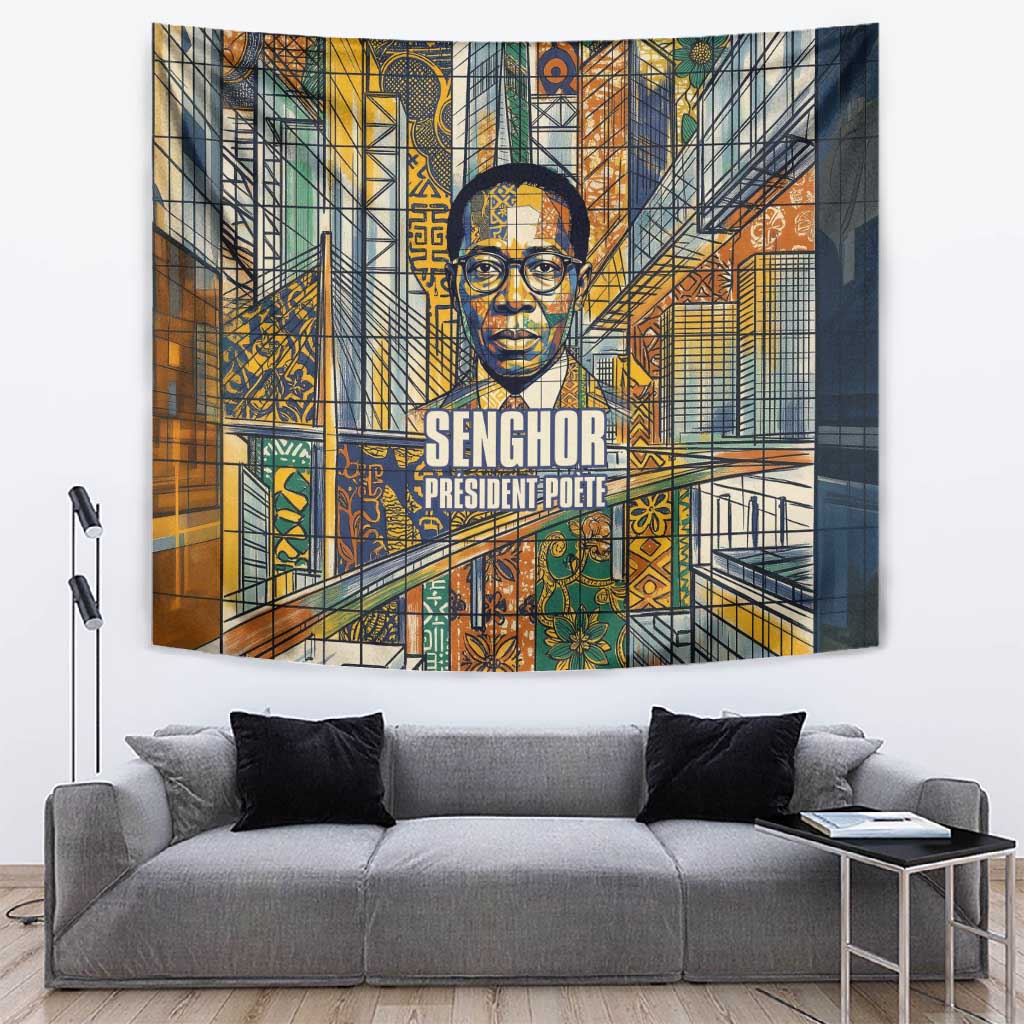Léopold Sédar Senghor Tapestry President Poete Portrait Futuristic African Robotic Handshake Earth and Flowers Unity - African Pride