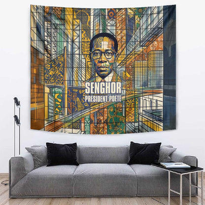 Léopold Sédar Senghor Tapestry President Poete Portrait Futuristic African Robotic Handshake Earth and Flowers Unity - African Pride