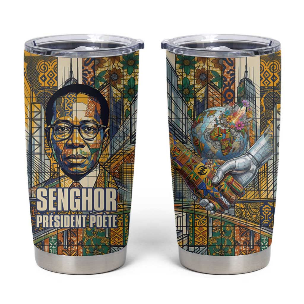 Léopold Sédar Senghor Tumbler Cup President Poete Portrait Futuristic African Robotic Handshake Earth and Flowers Unity - African Pride