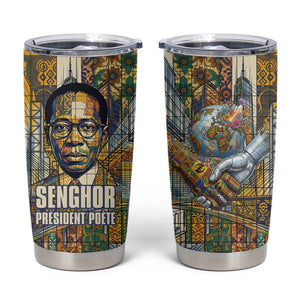 Léopold Sédar Senghor Tumbler Cup President Poete Portrait Futuristic African Robotic Handshake Earth and Flowers Unity - African Pride