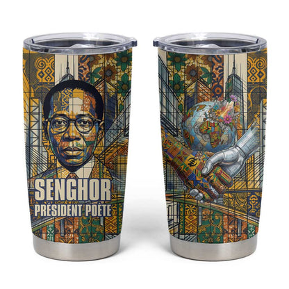 Léopold Sédar Senghor Tumbler Cup President Poete Portrait Futuristic African Robotic Handshake Earth and Flowers Unity - African Pride