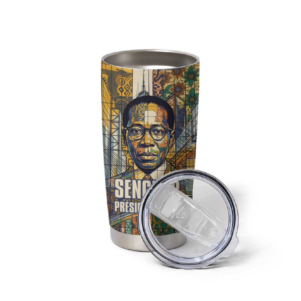 Léopold Sédar Senghor Tumbler Cup President Poete Portrait Futuristic African Robotic Handshake Earth and Flowers Unity - African Pride
