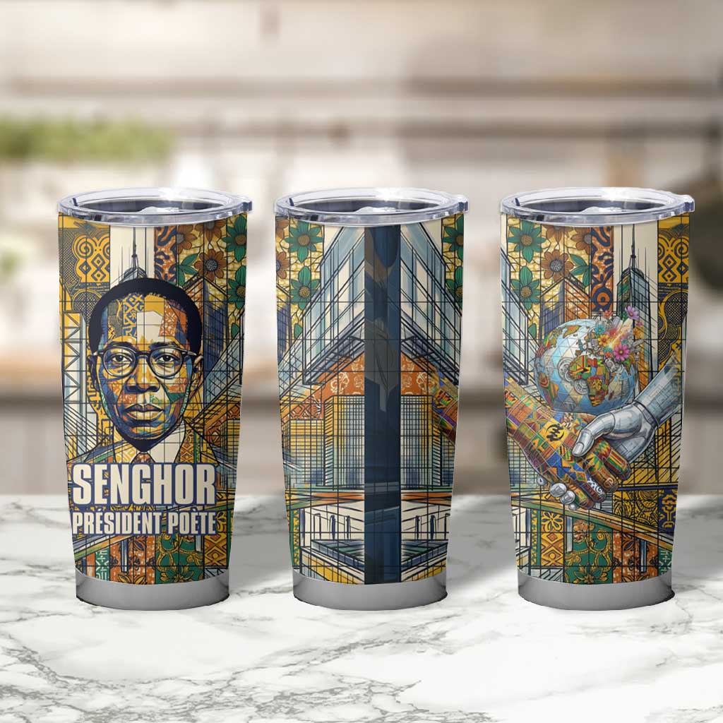 Léopold Sédar Senghor Tumbler Cup President Poete Portrait Futuristic African Robotic Handshake Earth and Flowers Unity - African Pride