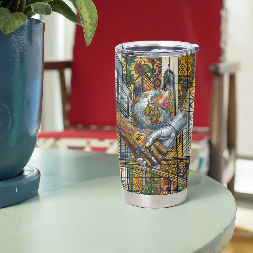 Léopold Sédar Senghor Tumbler Cup President Poete Portrait Futuristic African Robotic Handshake Earth and Flowers Unity - African Pride