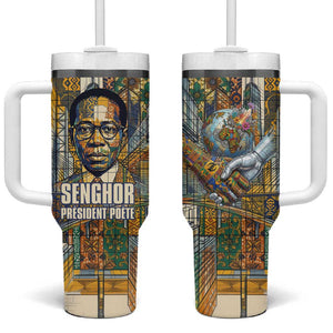 Léopold Sédar Senghor Tumbler With Handle President Poete Portrait Futuristic African Robotic Handshake Earth and Flowers Unity - African Pride