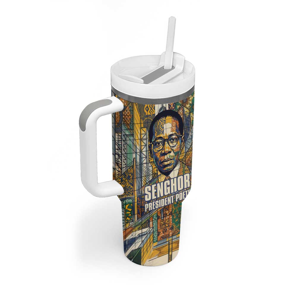 Léopold Sédar Senghor Tumbler With Handle President Poete Portrait Futuristic African Robotic Handshake Earth and Flowers Unity - African Pride