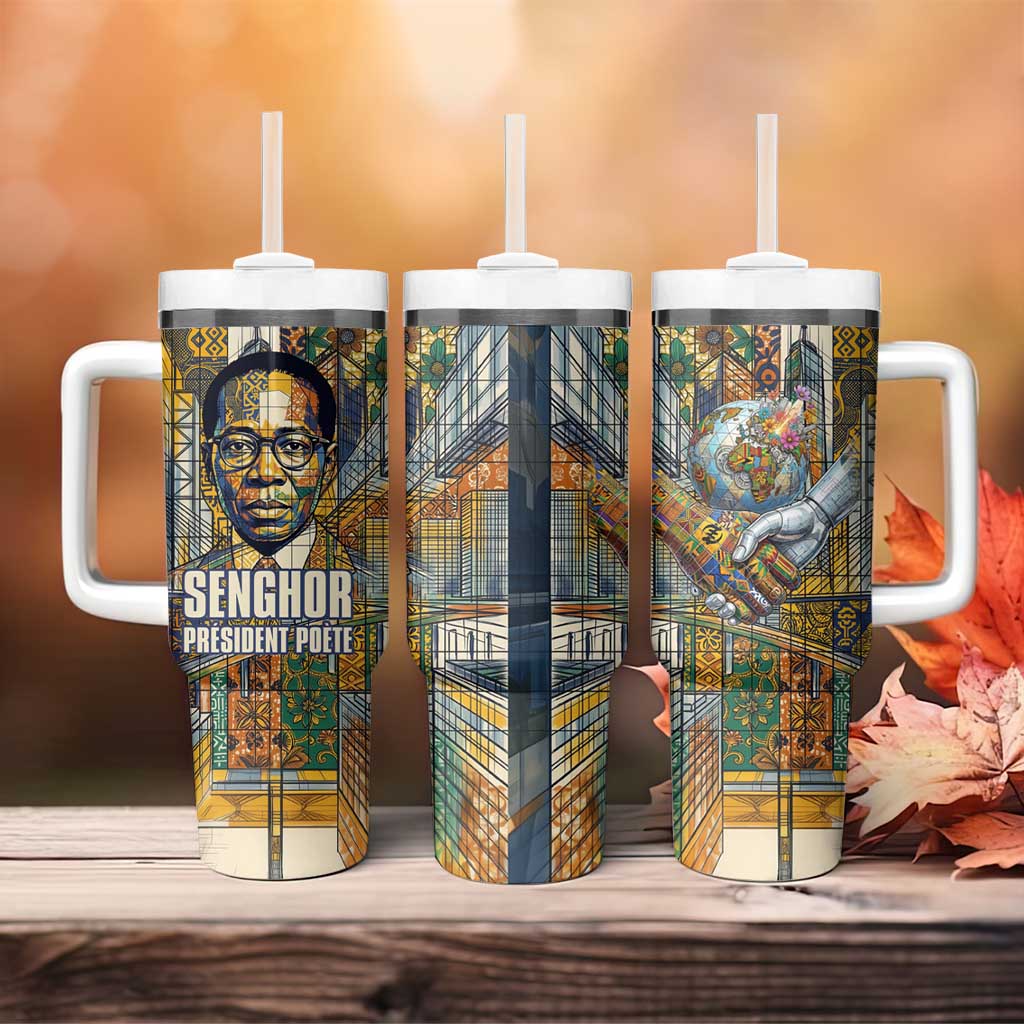 Léopold Sédar Senghor Tumbler With Handle President Poete Portrait Futuristic African Robotic Handshake Earth and Flowers Unity - African Pride
