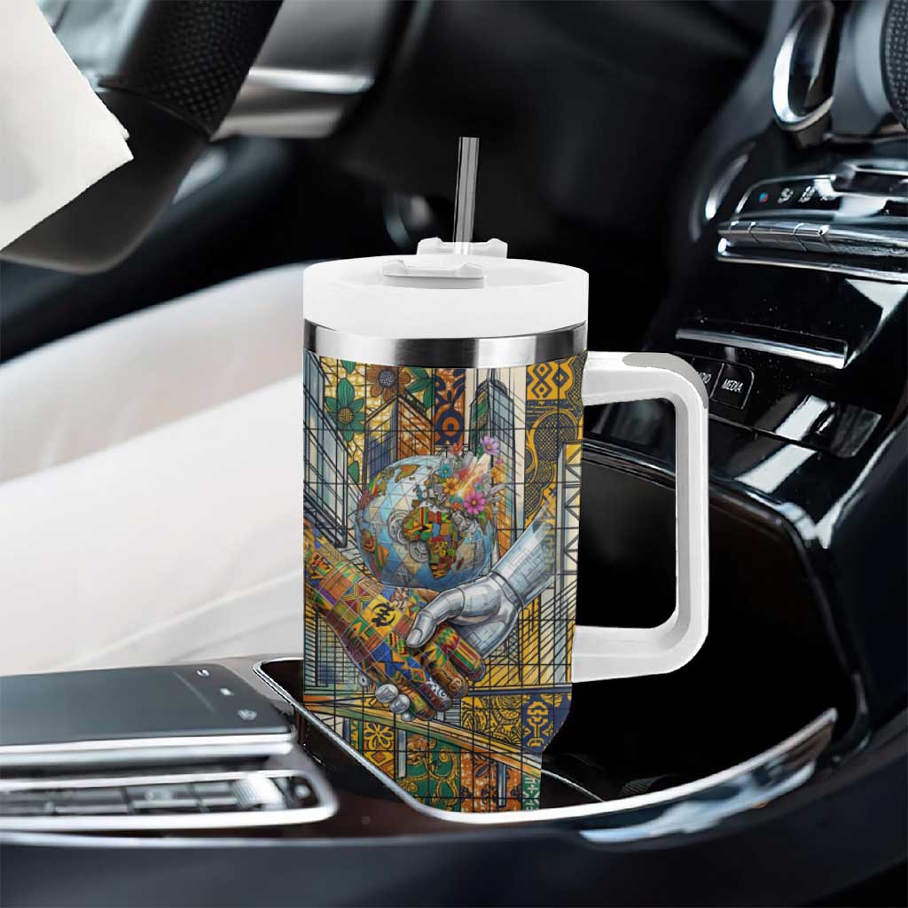 Léopold Sédar Senghor Tumbler With Handle President Poete Portrait Futuristic African Robotic Handshake Earth and Flowers Unity - African Pride