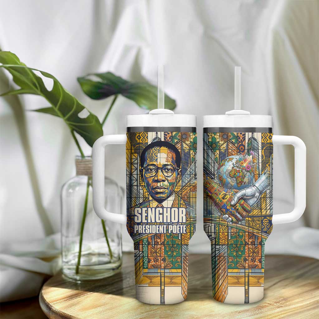 Léopold Sédar Senghor Tumbler With Handle President Poete Portrait Futuristic African Robotic Handshake Earth and Flowers Unity - African Pride