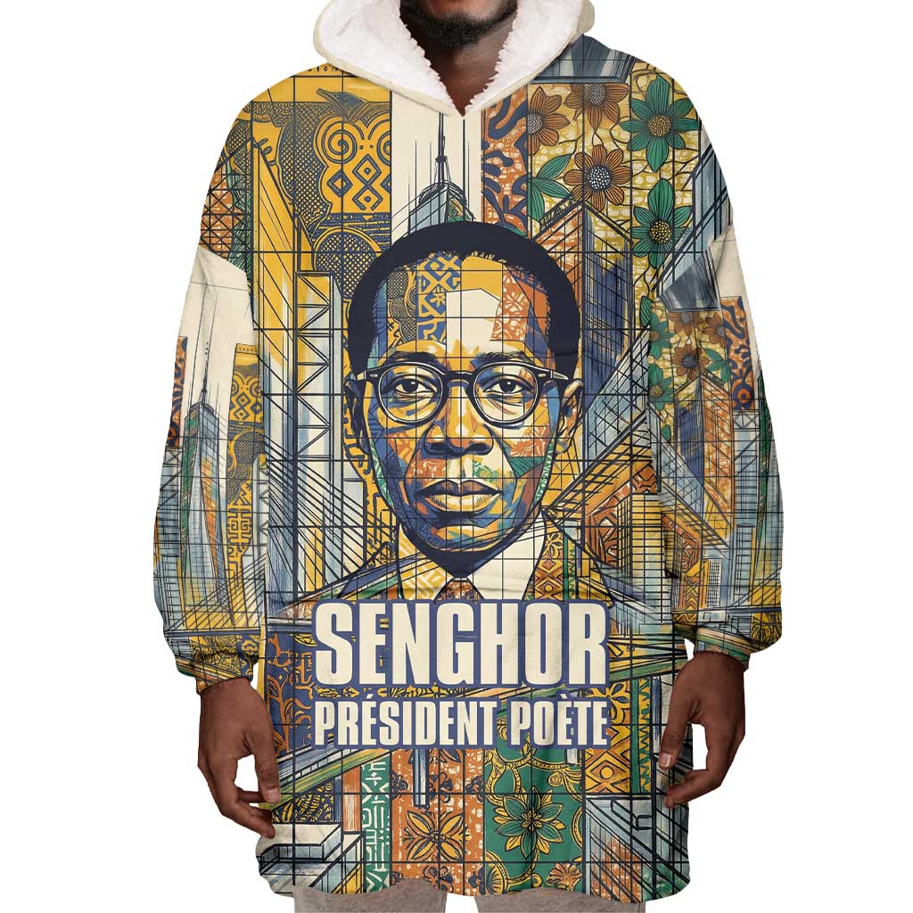 Léopold Sédar Senghor Wearable Blanket Hoodie President Poete Portrait Futuristic African Robotic Handshake Earth and Flowers Unity - African Pride