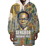 Léopold Sédar Senghor Wearable Blanket Hoodie President Poete Portrait Futuristic African Robotic Handshake Earth and Flowers Unity - African Pride