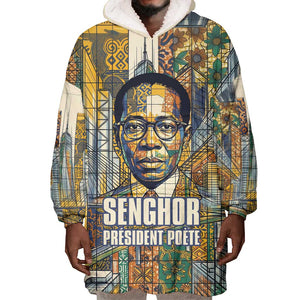 Léopold Sédar Senghor Wearable Blanket Hoodie President Poete Portrait Futuristic African Robotic Handshake Earth and Flowers Unity - African Pride